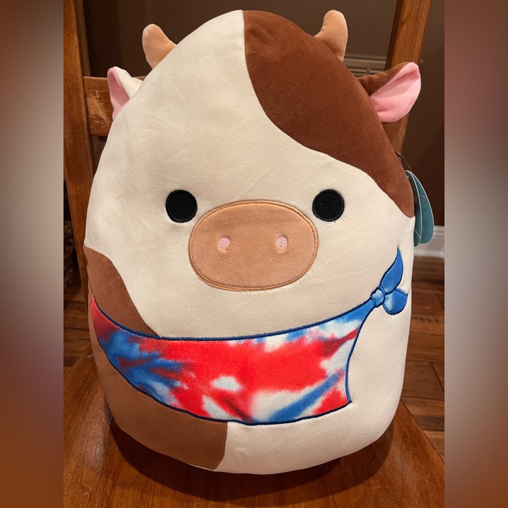 Squishmallows Brown and Cream Cow with Tie-Dye Bandana